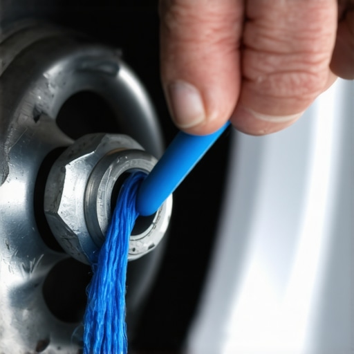 Close-up of blue thread-locker being applied to a bolt inside a dryer cabinet.
