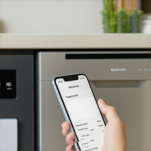 Person holding a digital repair receipt for a defective dishwasher.