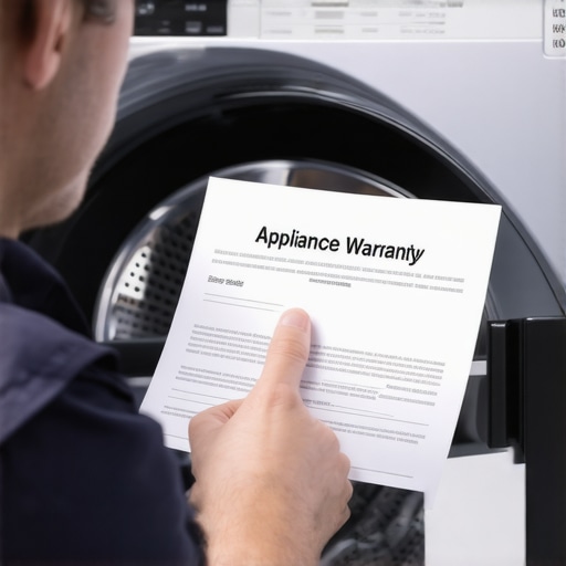 A technician reviewing a washing machine warranty document for maintenance requirements.