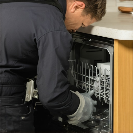 A technician using a spirit tool to level a dishwasher under a kitchen cabinet to prevent door cord friction.