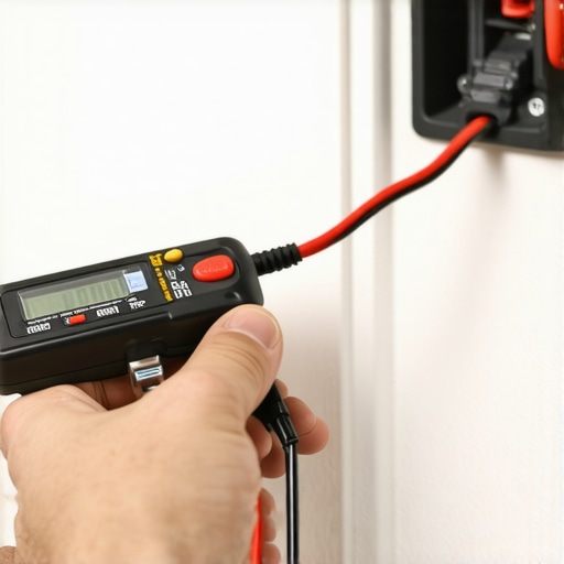 Technician verifying electrical ground for a smart stove installation using a digital multimeter.