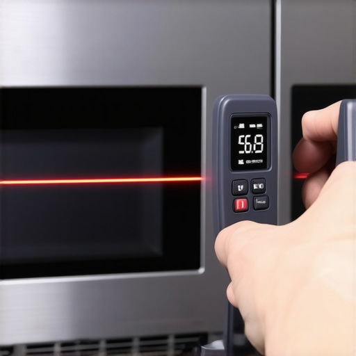 A person using an infrared thermometer to monitor the heat levels of an integrated microwave vent for safety.