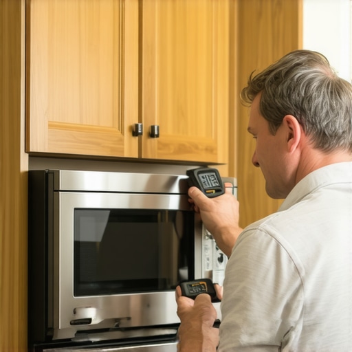 Technician measuring the ventilation gap for a built-in microwave installation