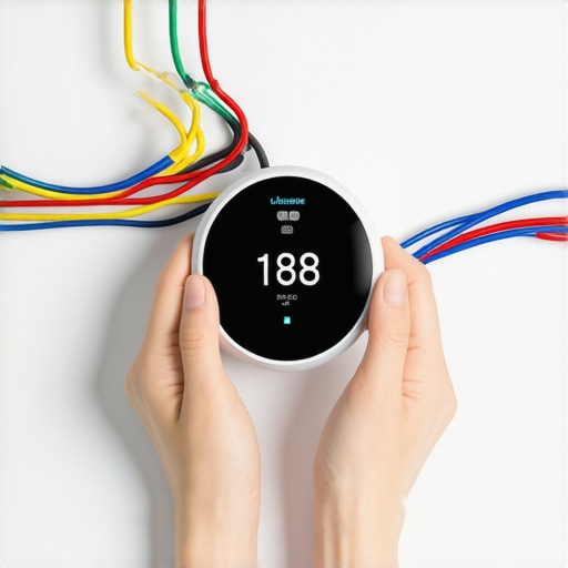 Close up of smart thermostat wiring and backplate being inspected.