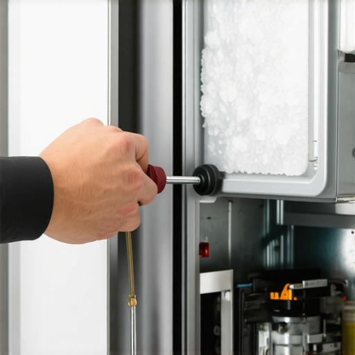 A technician inspecting the internal components of a freezer behind the back panel.