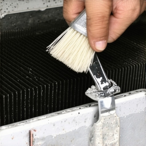 A person uses a cleaning brush to remove dust and pet hair from refrigerator condenser coils to prevent overheating.