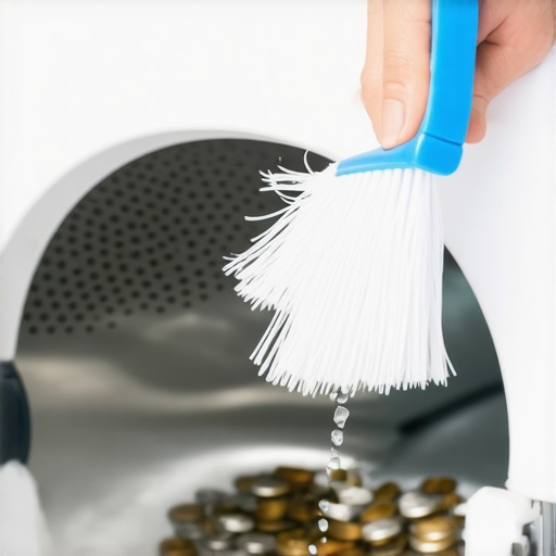 Technician cleaning the debris trap of a front-load washer to prevent drainage issues