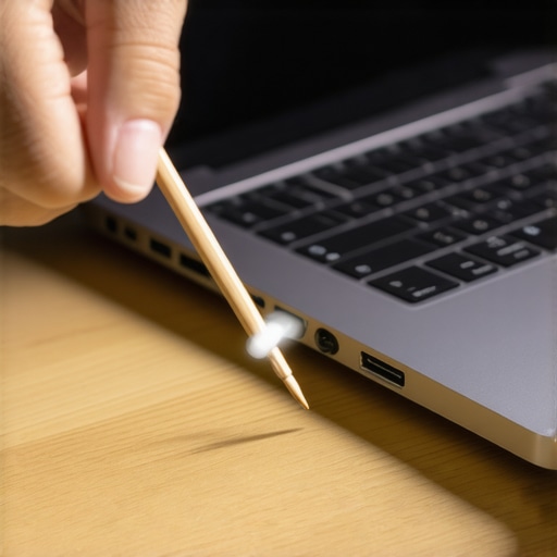 Technician using a toothpick to remove lint from a laptop power jack