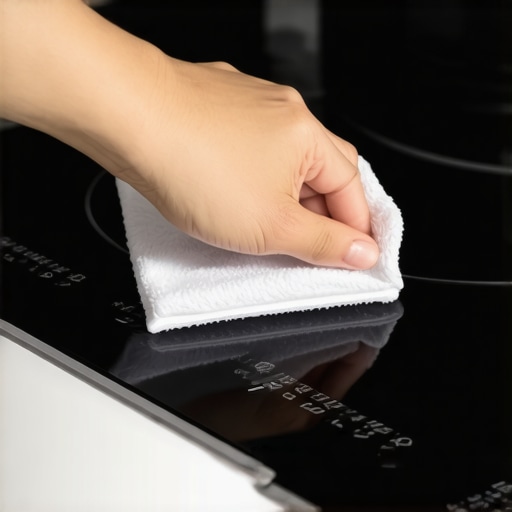 Dry microfiber cloth wiping a glass induction stove surface to stop beeping errors.