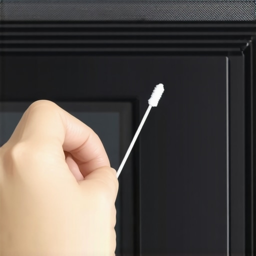 A technician using a Q-tip and isopropyl alcohol to clean a small humidity sensor inside a microwave.