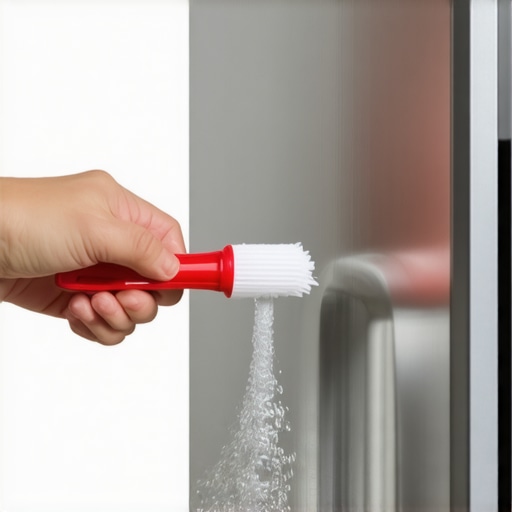 A person using a turkey baster to flush a frozen refrigerator drain line.