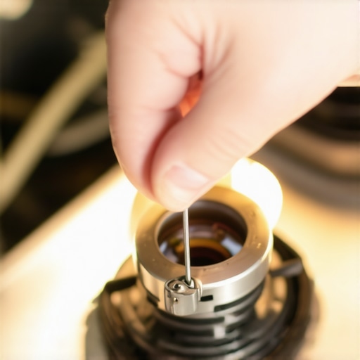 Hands cleaning a gas stove burner port with a needle to fix ignition delay