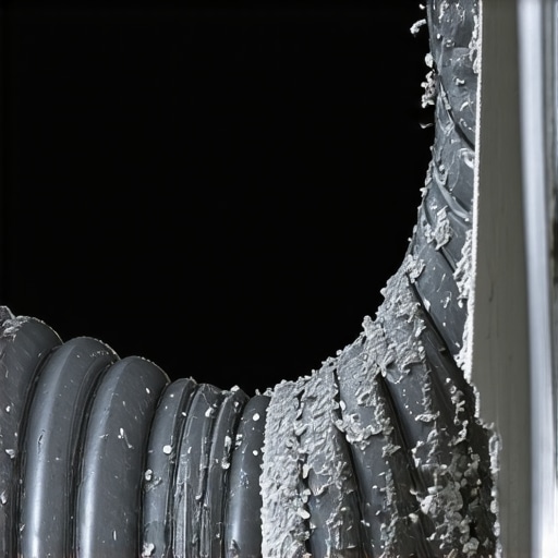 A technician inspecting a dryer vent hose completely blocked with lint and dust.