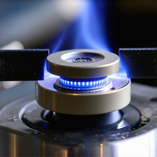 A high-detail shot of a blue spark jumping from a gas stove igniter to the burner head.