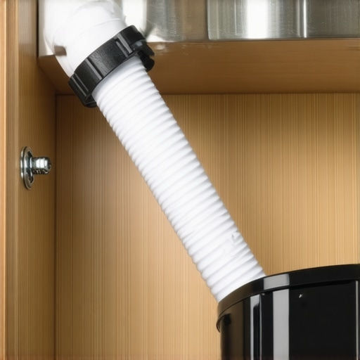 Close-up of a dishwasher drain hose installed with a high loop under a kitchen sink to prevent backflow.