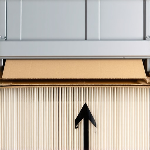 Close-up of an HVAC filter showing the airflow arrow pointing toward the furnace unit for proper installation.