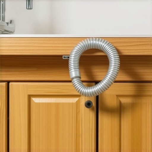 A properly secured high loop for a dishwasher drain hose inside a cabinet.
