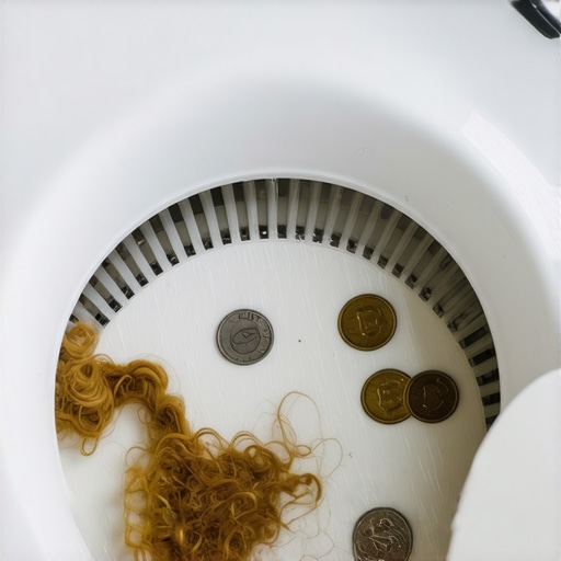 A clogged and dirty washing machine pump filter next to loose change and lint.
