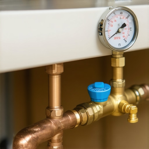 Close-up of a water pressure regulator and gauge installed on a copper pipe for a coffee station.