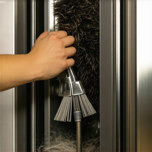A homeowner cleaning pet fur and dust from refrigerator coils using a specialized brush and vacuum.