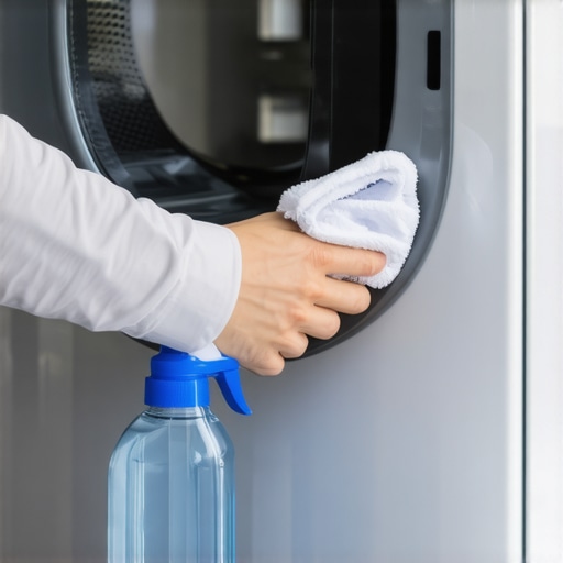 Close-up of cleaning a front-loading washing machine rubber gasket to remove mold and odor.