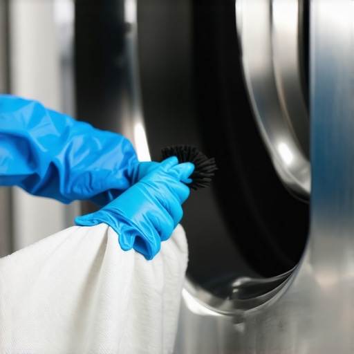 Cleaning mold and slime from a washing machine rubber seal with a brush and cloth.