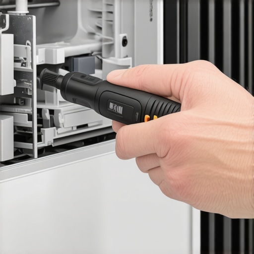 A technician inspecting the internal components of a dishwasher door latch to ensure proper mechanical alignment and prevent steam leaks.