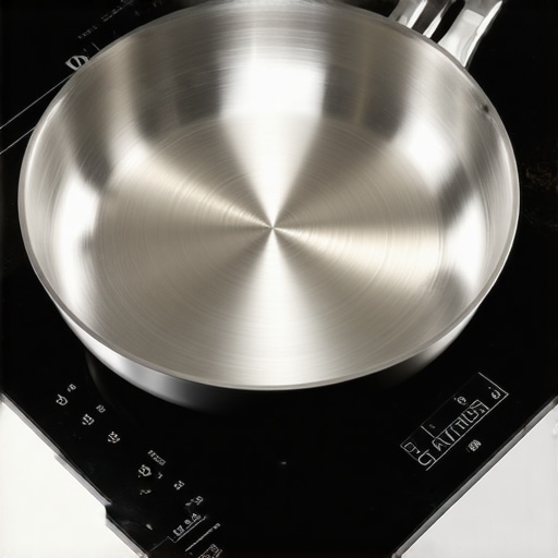 A hand lifting a stainless steel pan off an induction stove to check for magnetic vibration noise.