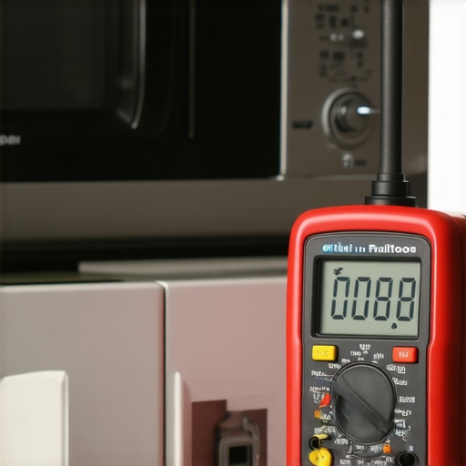 Close-up of a digital multimeter testing a microwave door switch for continuity in a kitchen.