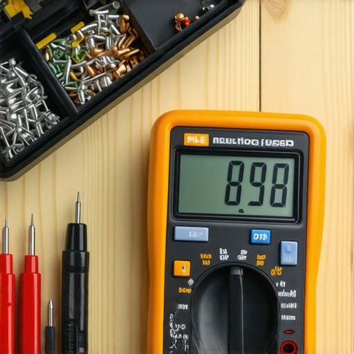 Close-up of a multimeter probes touching a ceramic fuse on a workbench