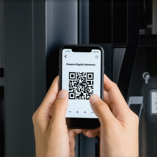 Homeowner scanning appliance QR code to update digital maintenance log for warranty protection.