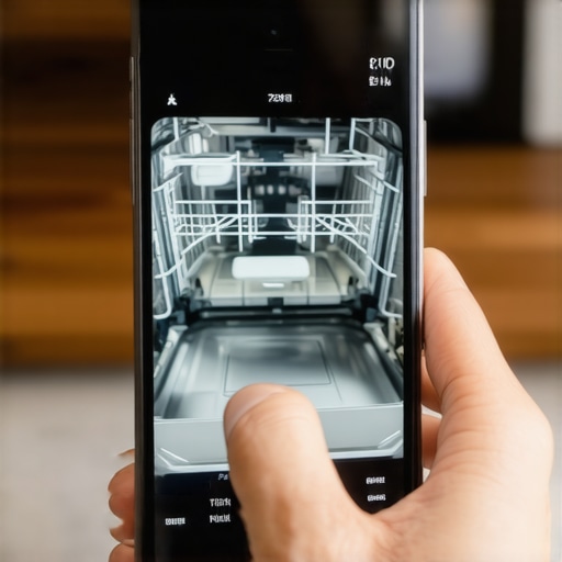 A person holding a phone showing a photo of a dishwasher repair for warranty documentation purposes.