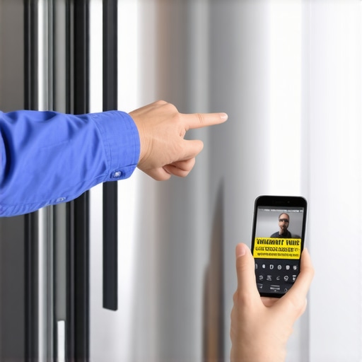 Technician pointing to a warranty seal on a modern appliance to explain maintenance requirements.