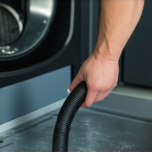 A hand draining water from a Bosch washing machine auxiliary hose into a tray.