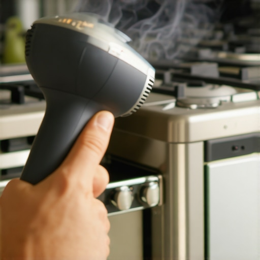 Hands holding a hairdryer pointing at a gas stove burner to remove moisture from the igniter