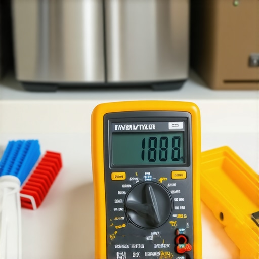 Essential Appliance Maintenance Tools and Testing Digital multimeter and coil brush used for refrigerator maintenance and repair