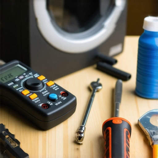 A collection of tools including a multimeter and thread-locker used for DIY appliance maintenance.