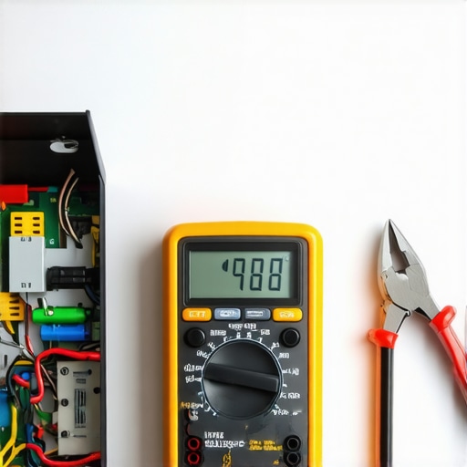 A digital multimeter and pliers used for appliance repair and maintenance on a kitchen counter.