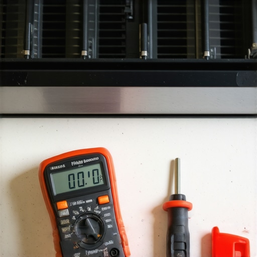 A digital multimeter and nut driver being used to test an oven heating element for continuity.