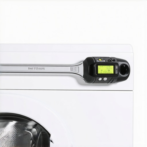Close up of a wrench and level used for washing machine maintenance and installation.