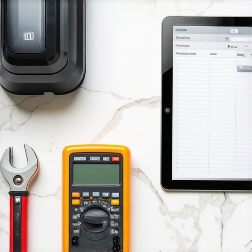 A collection of professional tools including a multimeter and a disposal wrench used for maintaining home appliances.