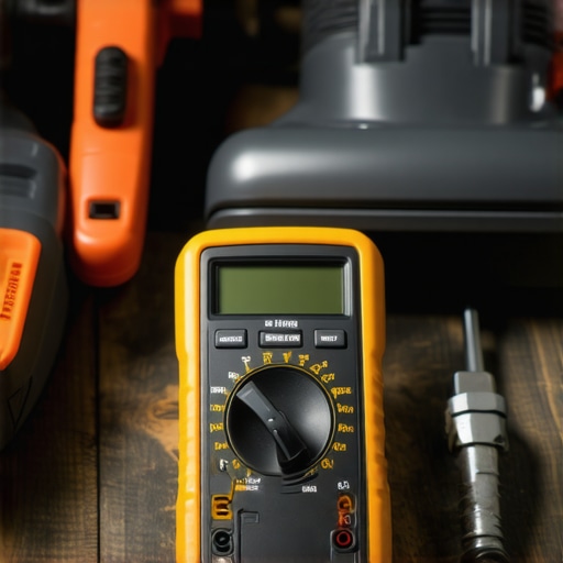 A collection of tools including a multimeter and disposal wrench for home appliance maintenance.