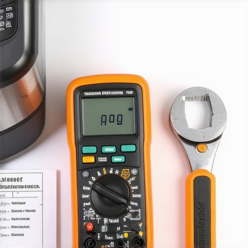 A digital multimeter and disposal wrench used for home appliance maintenance.