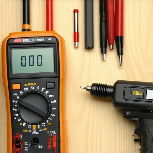 A digital multimeter, infrared thermometer, and water hardness testing kit on a wooden workshop table.