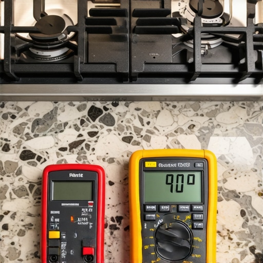 Digital multimeter and outlet tester on a kitchen counter near a stove