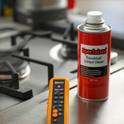 Close up of a voltage tester and contact cleaner for gas range repair.
