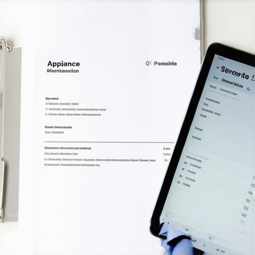 A folder and tablet showing maintenance logs and receipts for kitchen appliances to support warranty claims.