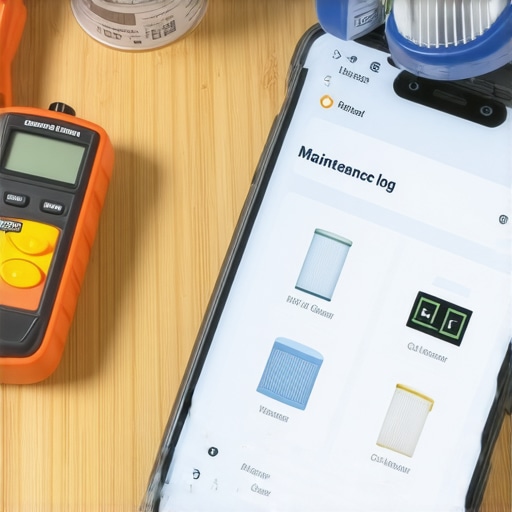 Smartphone showing appliance maintenance logs next to a voltage tester and coil cleaner.