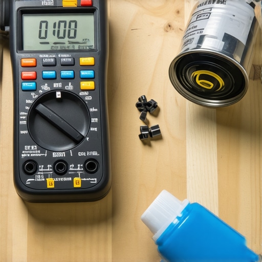 Precision tools like a multimeter and PTFE lubricant for maintaining smart home locks.