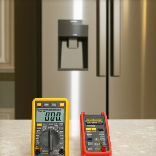 A multimeter and voltage tester used for refrigerator repair and diagnostics